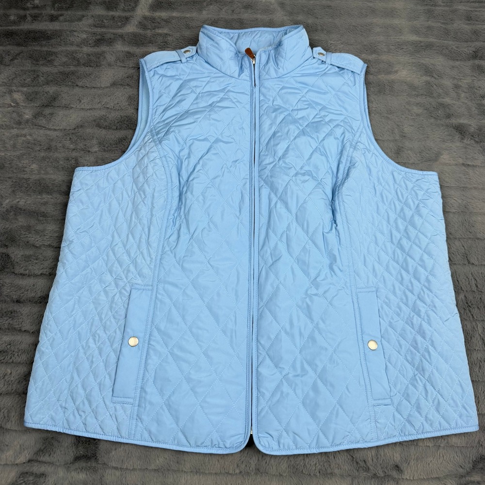 Talbots Plus Womens 2X Light Blue Diamond Quilted Fleece Lined Full Zip Vest